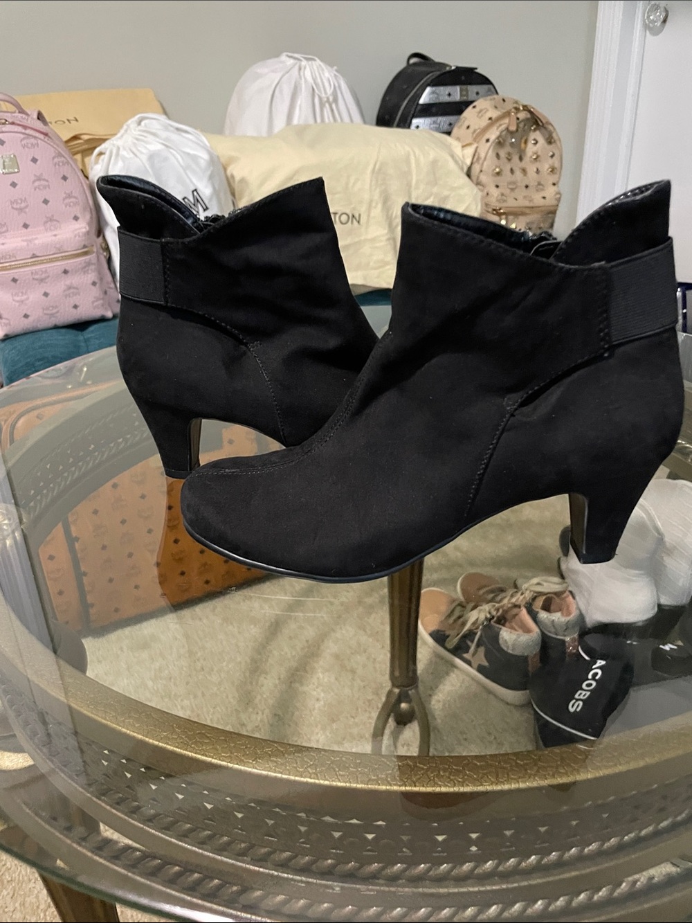 AEROSOLES Black Faux Suede Ankle Booties with Mid Heel